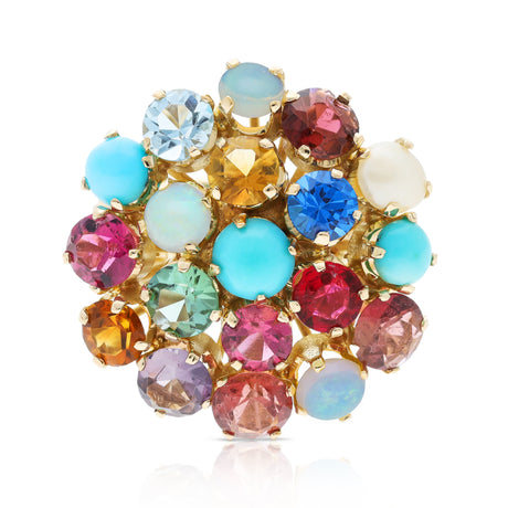 Multi gemstone cluster ring, front view.