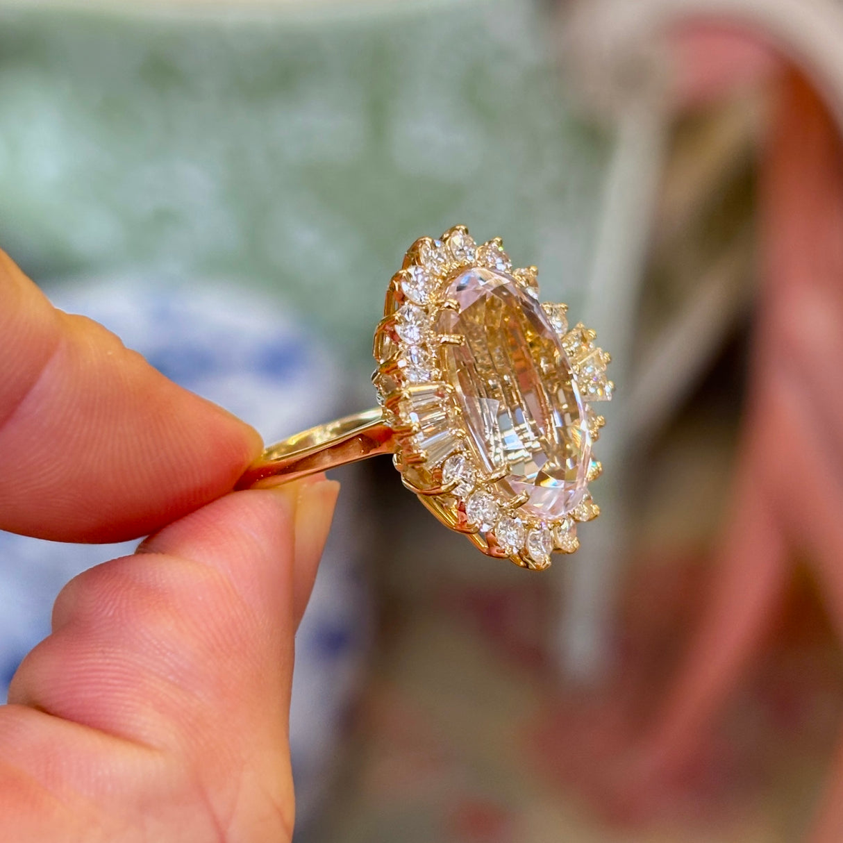 1950s morganite & diamond cocktail cluster ring