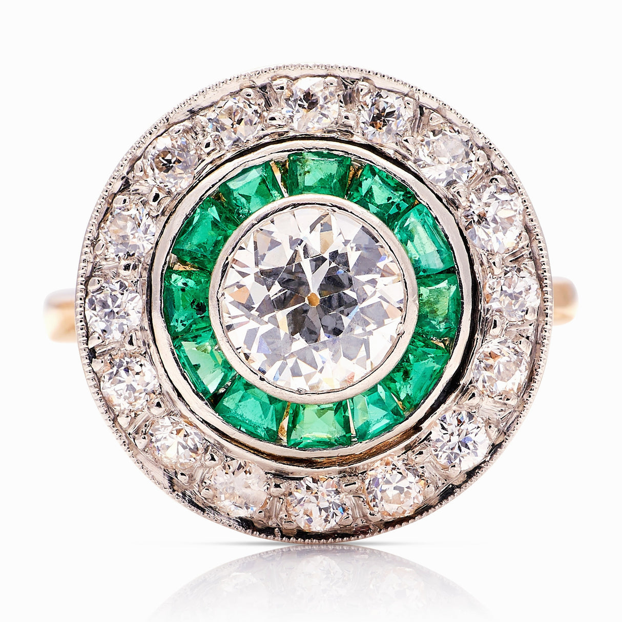 Art Deco emerald & diamond target cluster ring, circa 1920s