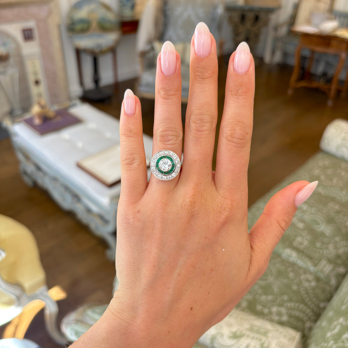 Art Deco emerald & diamond target cluster ring, circa 1920s