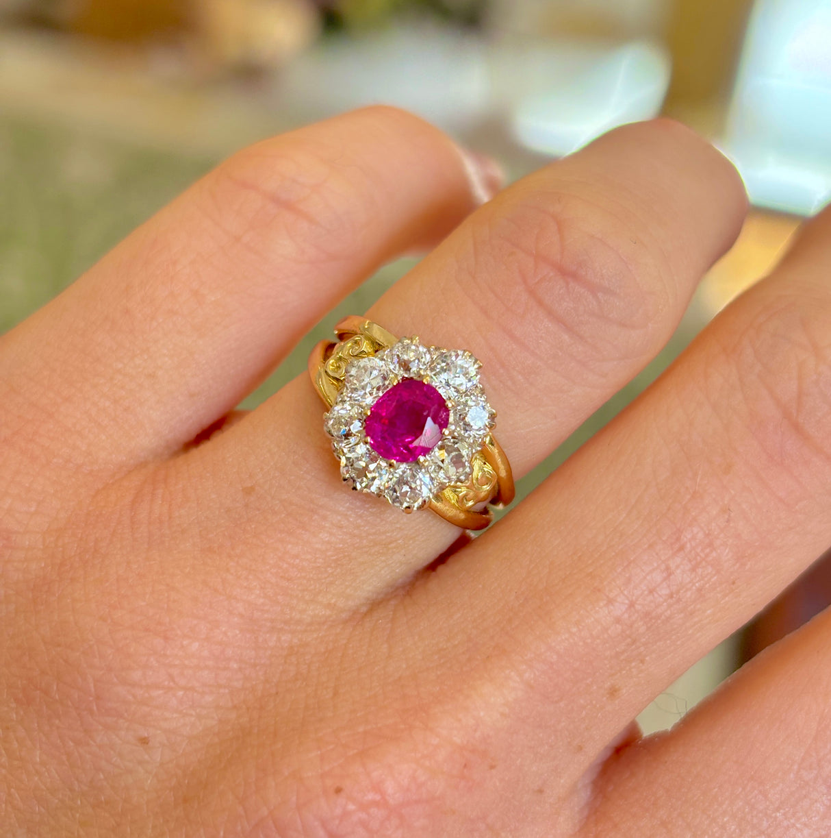 Edwardian oval Burmese pink sapphire & diamond engagement cluster ring