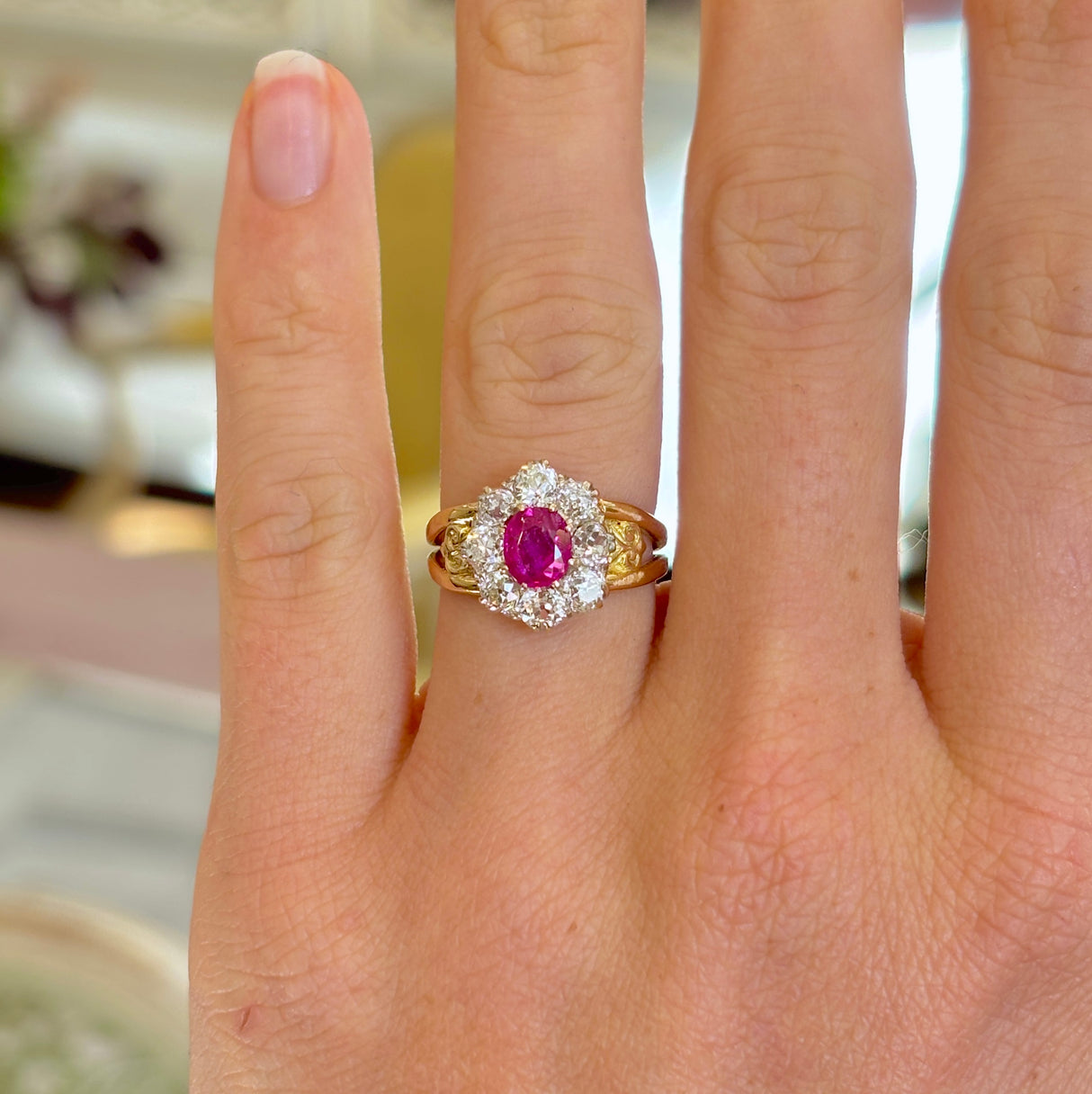 Edwardian oval Burmese pink sapphire & diamond engagement cluster ring