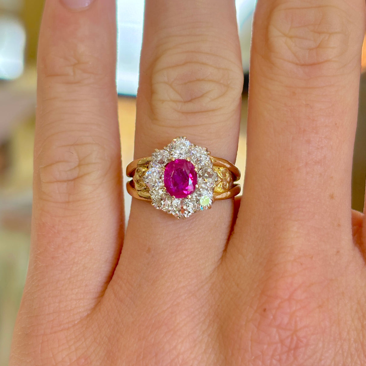 Edwardian oval Burmese pink sapphire & diamond engagement cluster ring