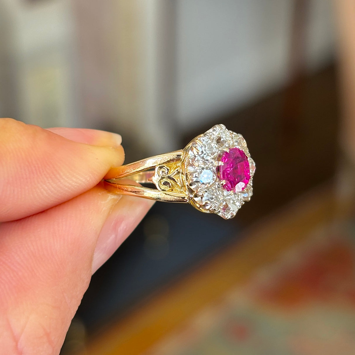 Edwardian oval Burmese pink sapphire & diamond engagement cluster ring