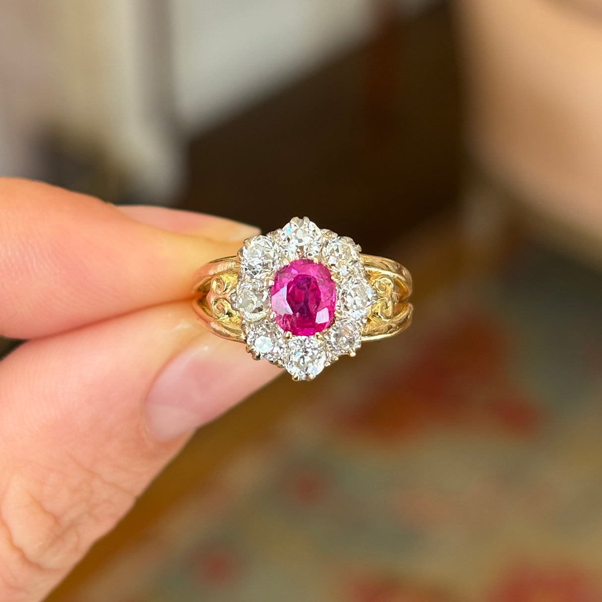 Edwardian oval Burmese pink sapphire & diamond engagement cluster ring