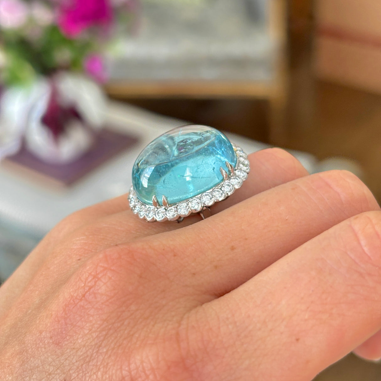Vintage cabochon aquamarine & diamond cluster cocktail ring