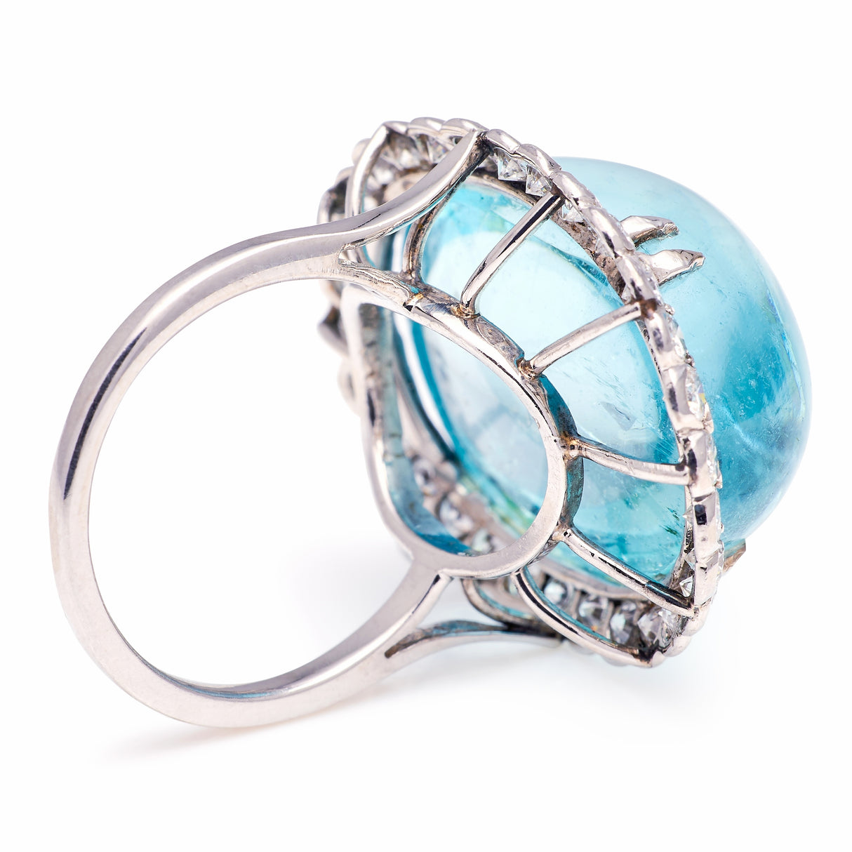 Vintage cabochon aquamarine & diamond cluster cocktail ring