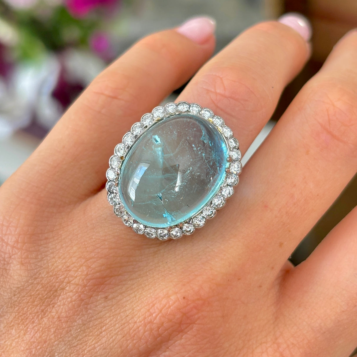 Vintage cabochon aquamarine & diamond cluster cocktail ring