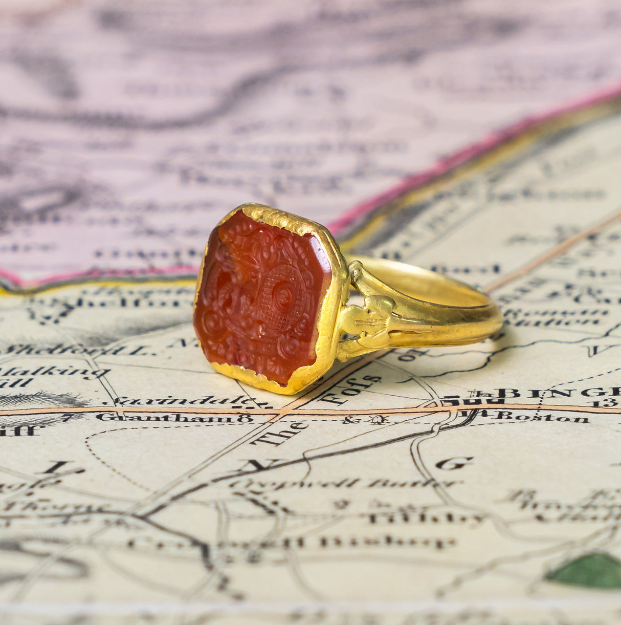 Antique, Georgian carved crest intaglio ring side