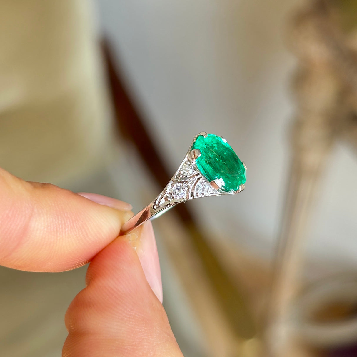 Vintage, Art Deco emerald & diamond ring & iridium