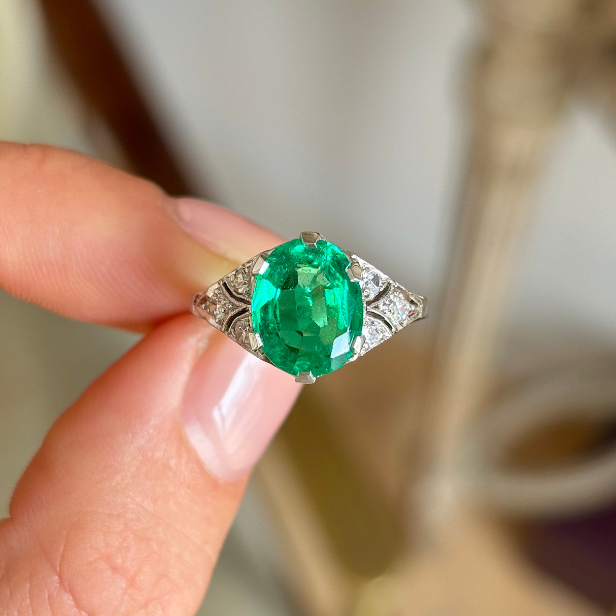 Vintage, Art Deco emerald & diamond ring & iridium