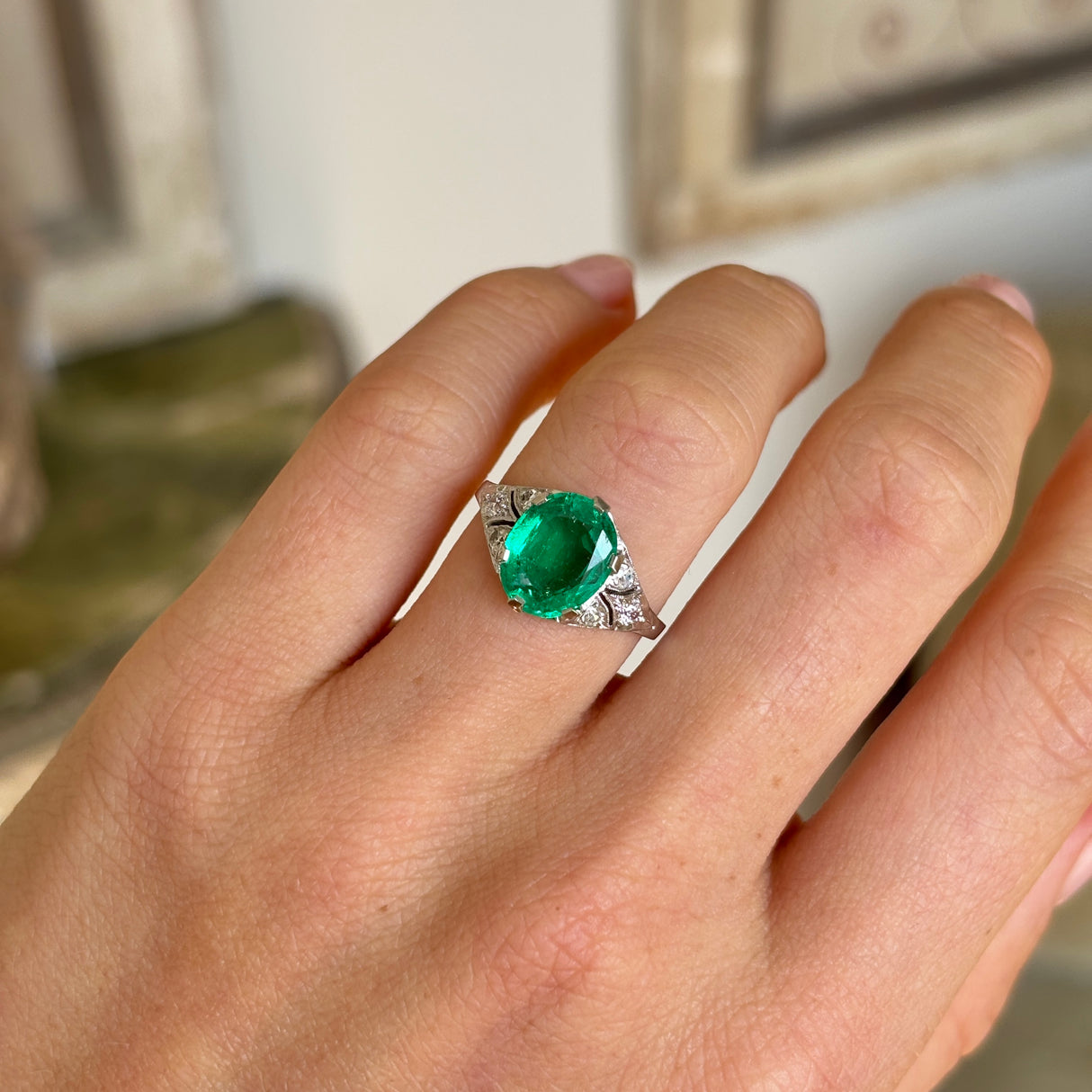 Vintage, Art Deco emerald & diamond ring & iridium