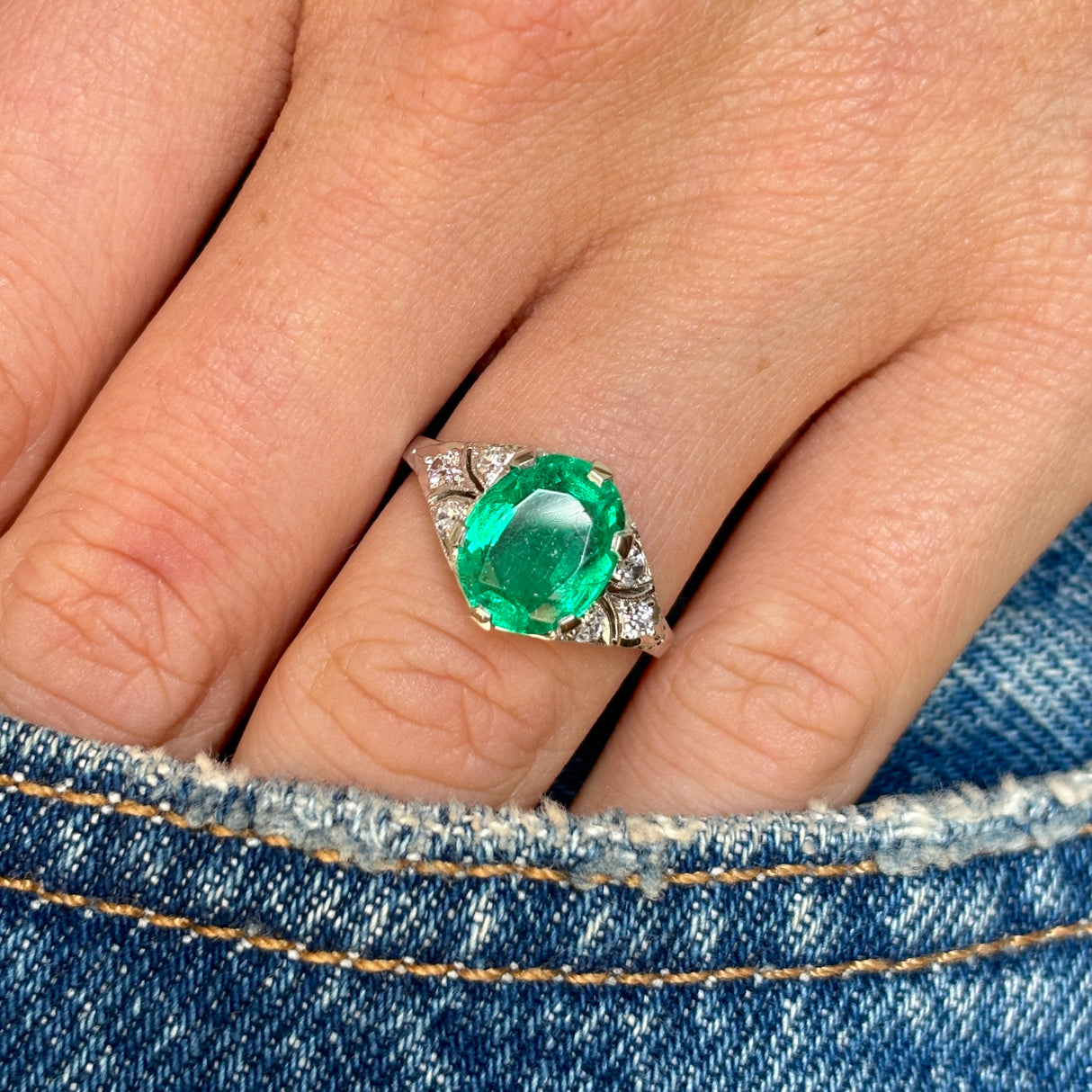 Vintage, Art Deco emerald & diamond ring & iridium