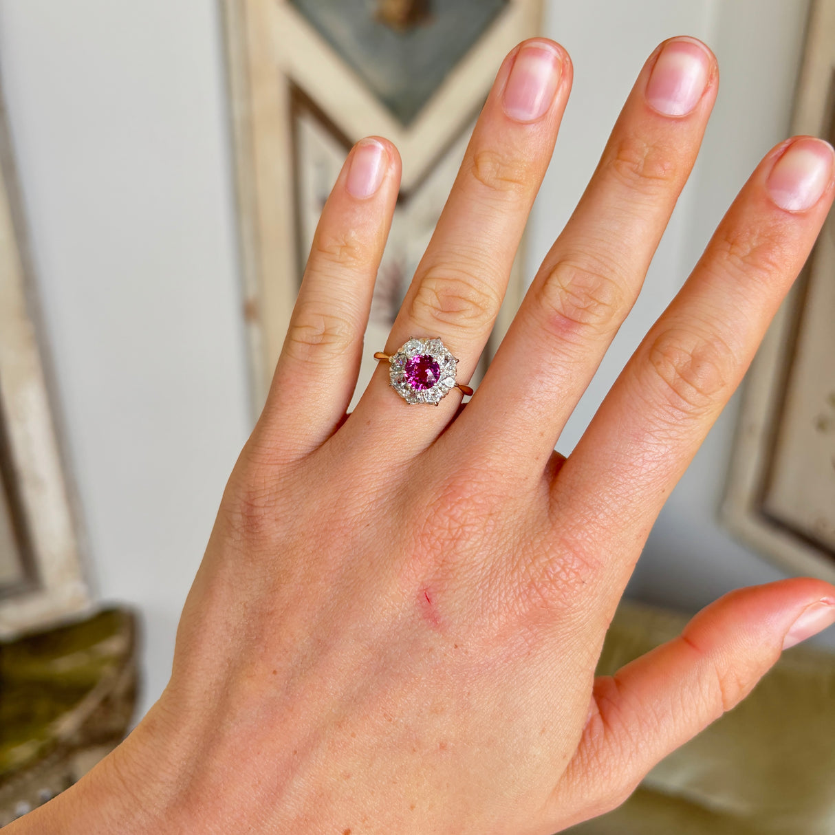 Antique, Edwardian pink sapphire and diamond cluster ring