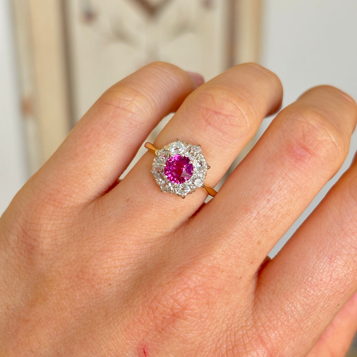 Antique, Edwardian pink sapphire and diamond cluster ring