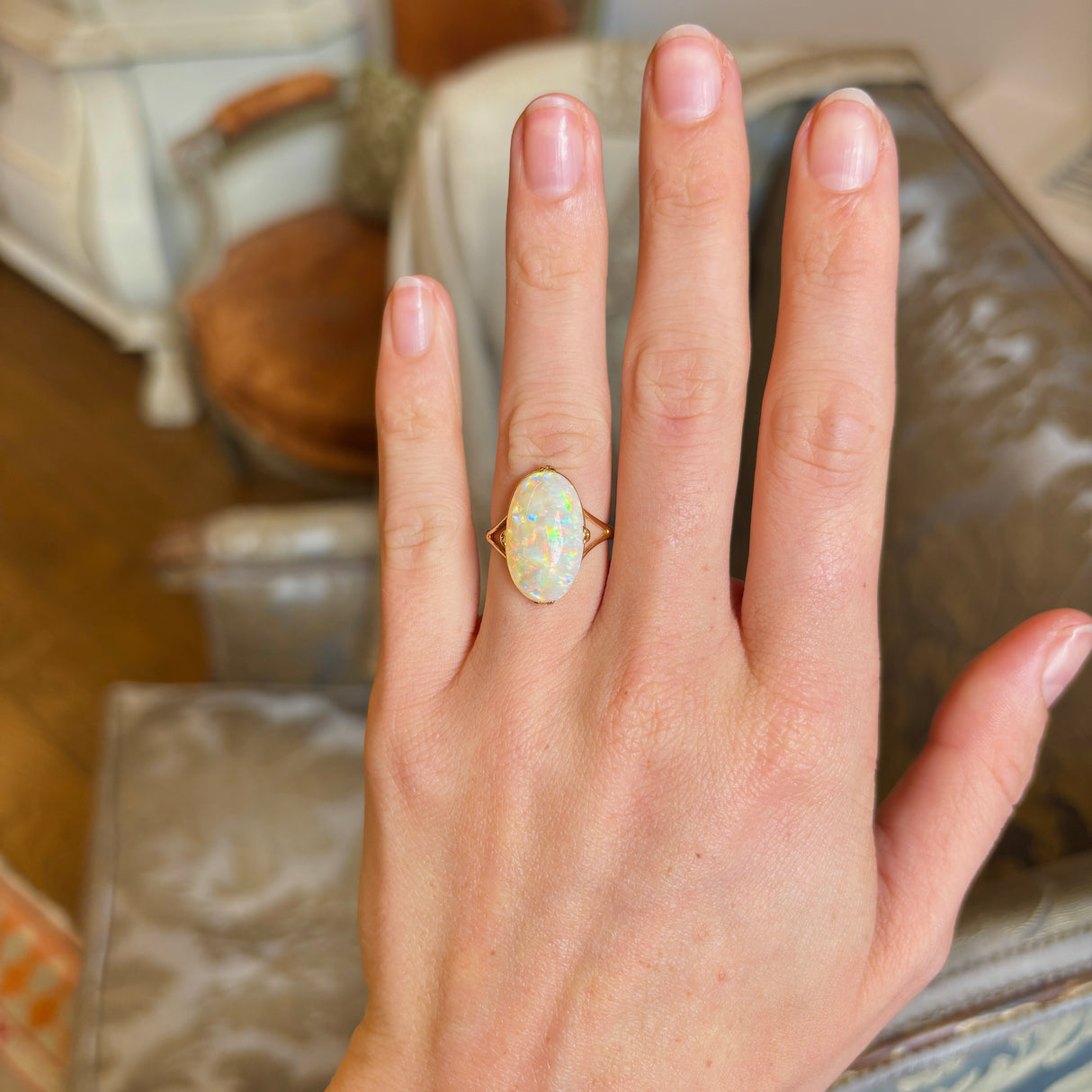 Vintage, cabochon-cut white opal ring