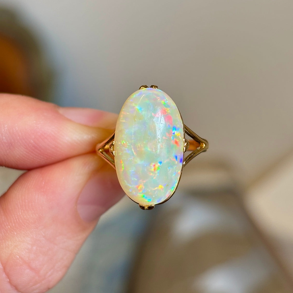 Vintage, cabochon-cut white opal ring