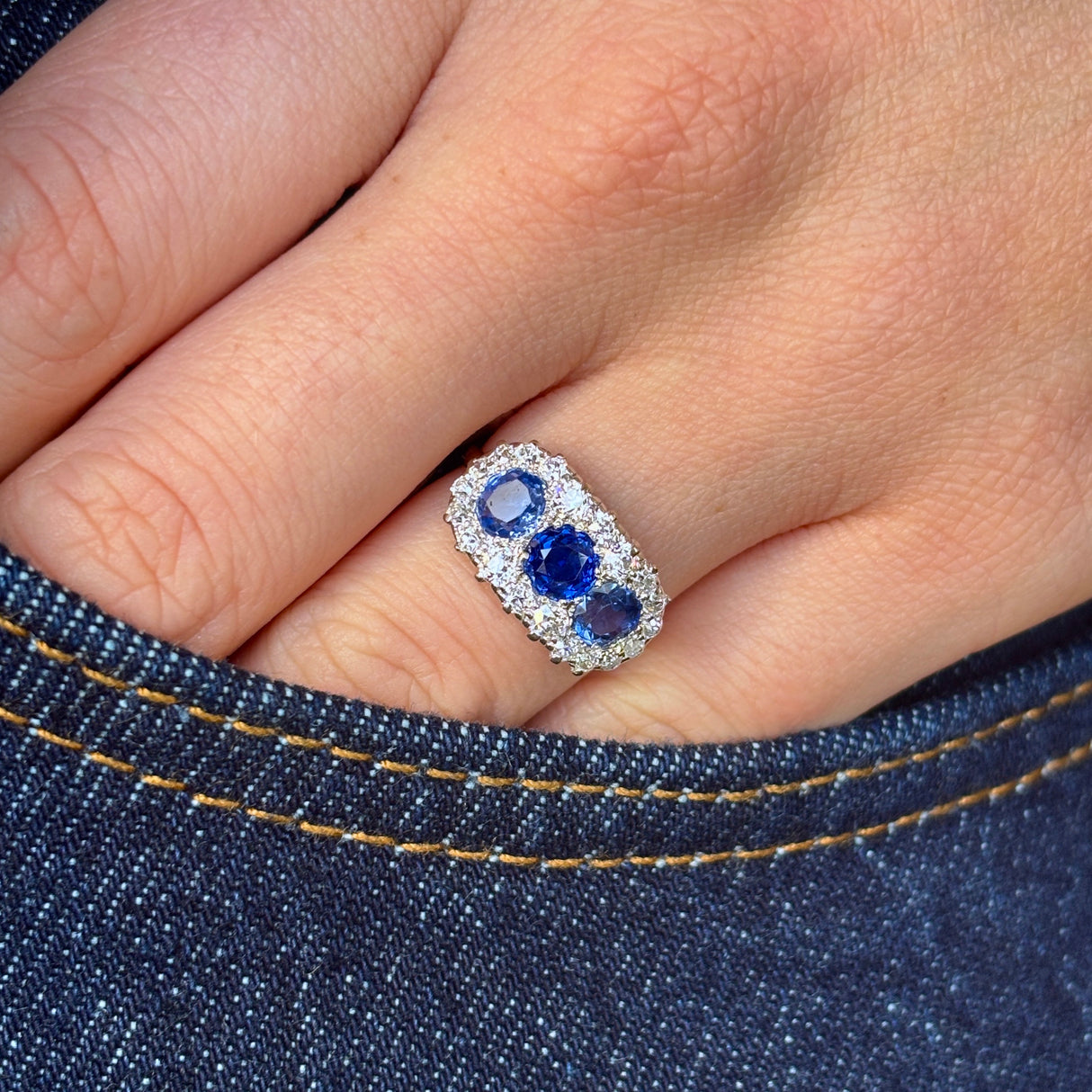 Edwardian, three-stone sapphire cluster ring
