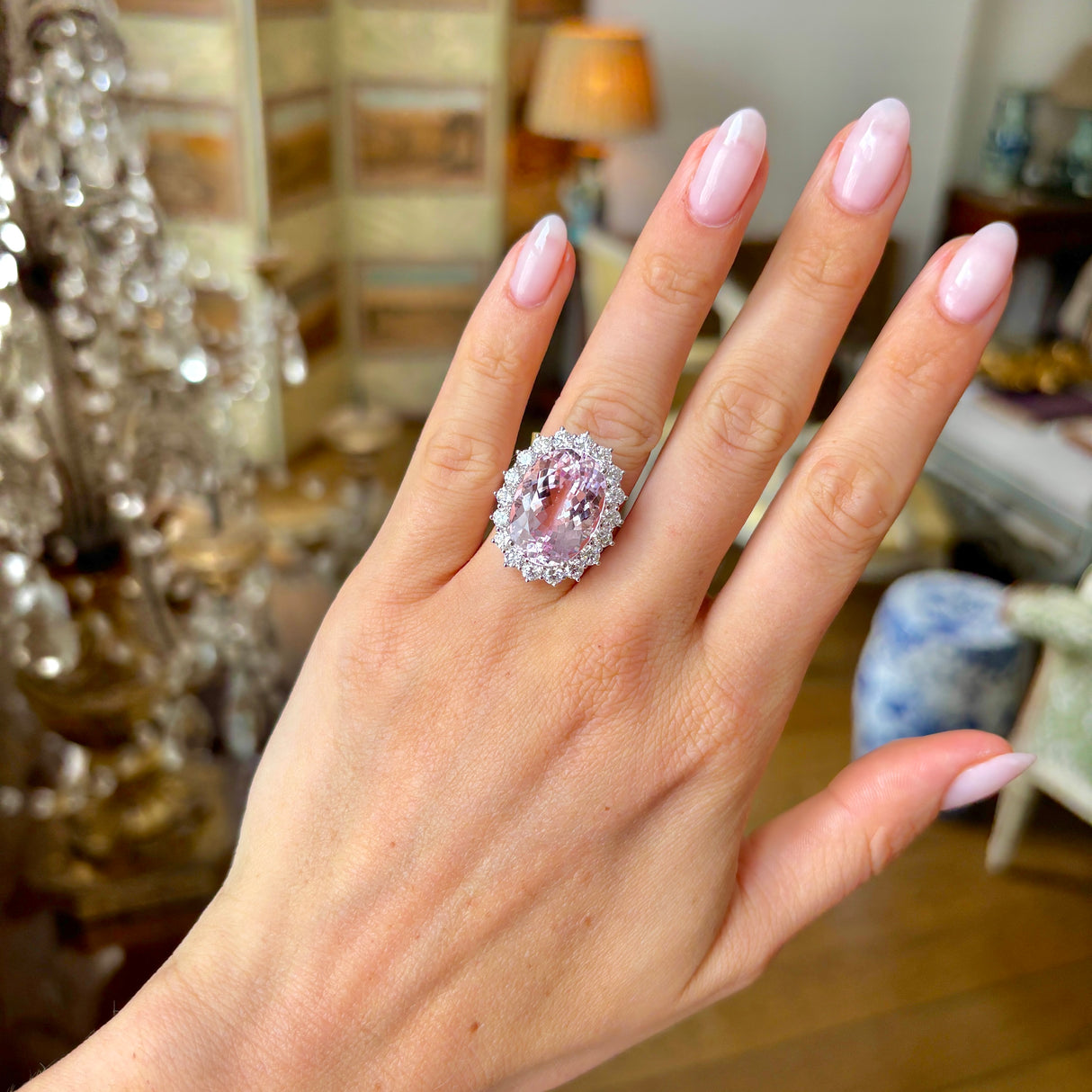 Vintage, 1980s kunzite & diamond cluster ring