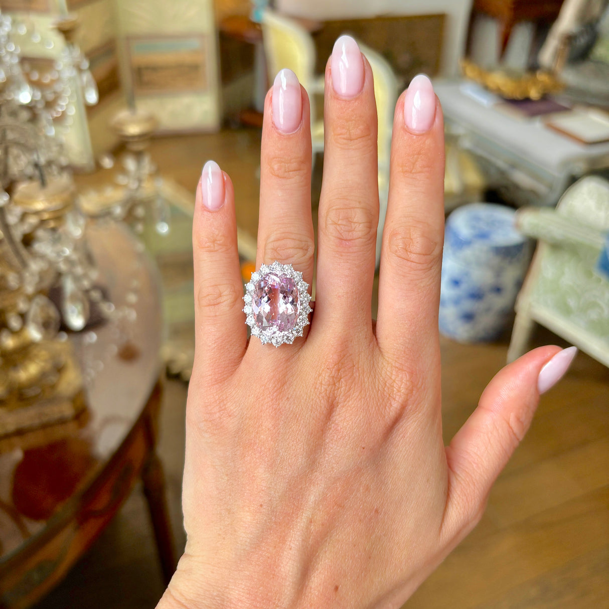 Vintage, 1980s kunzite & diamond cluster ring