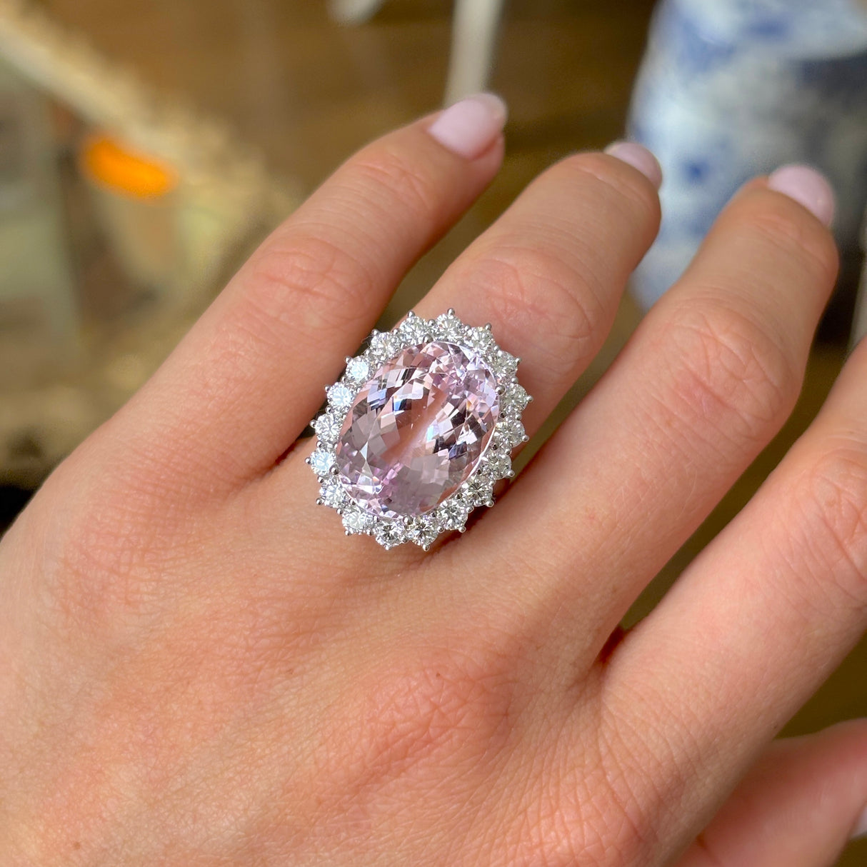 Vintage, 1980s kunzite & diamond cluster ring