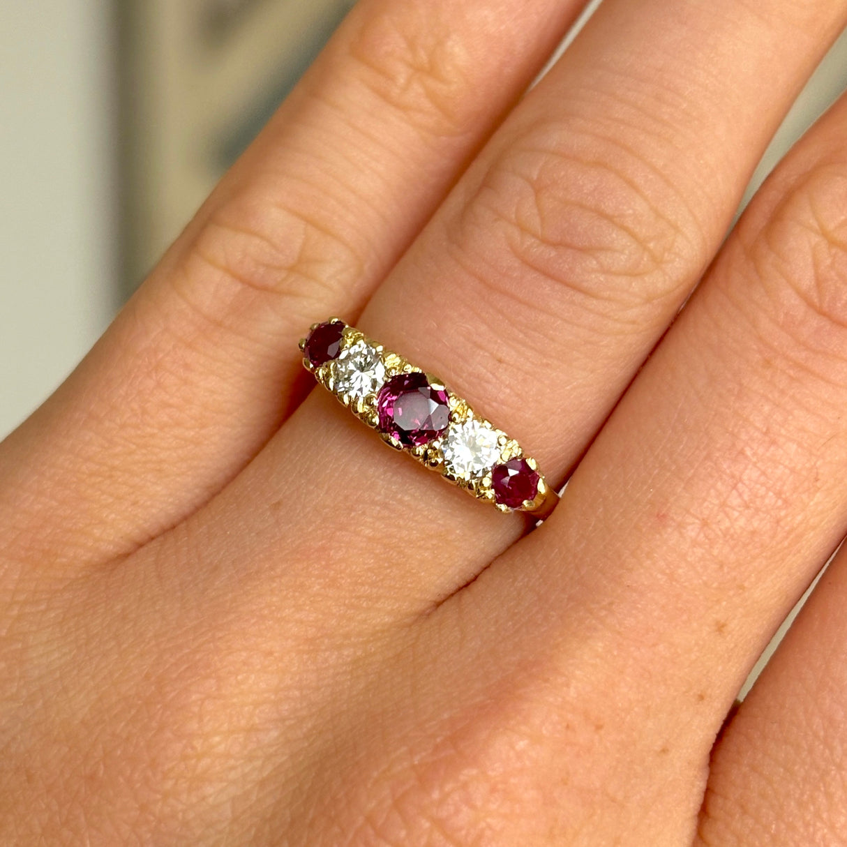 1565-Antique, Edwardian five stone ruby and diamond ring