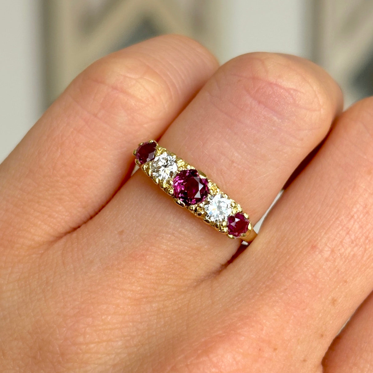 1565-Antique, Edwardian five stone ruby and diamond ring