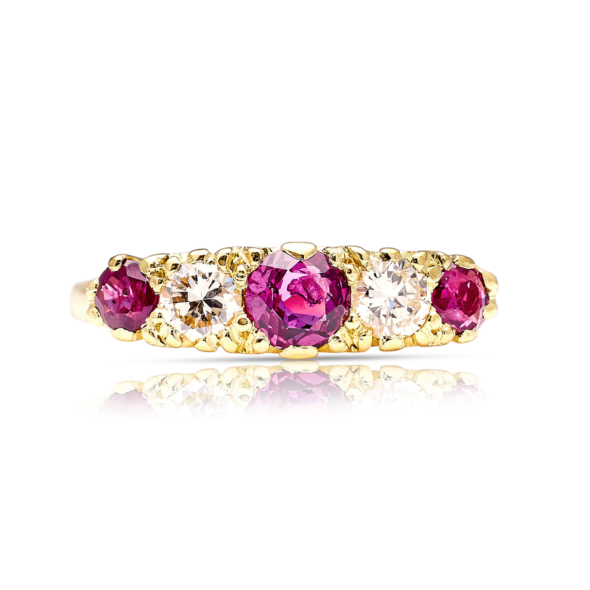 1565-Antique, Edwardian five stone ruby and diamond ring front