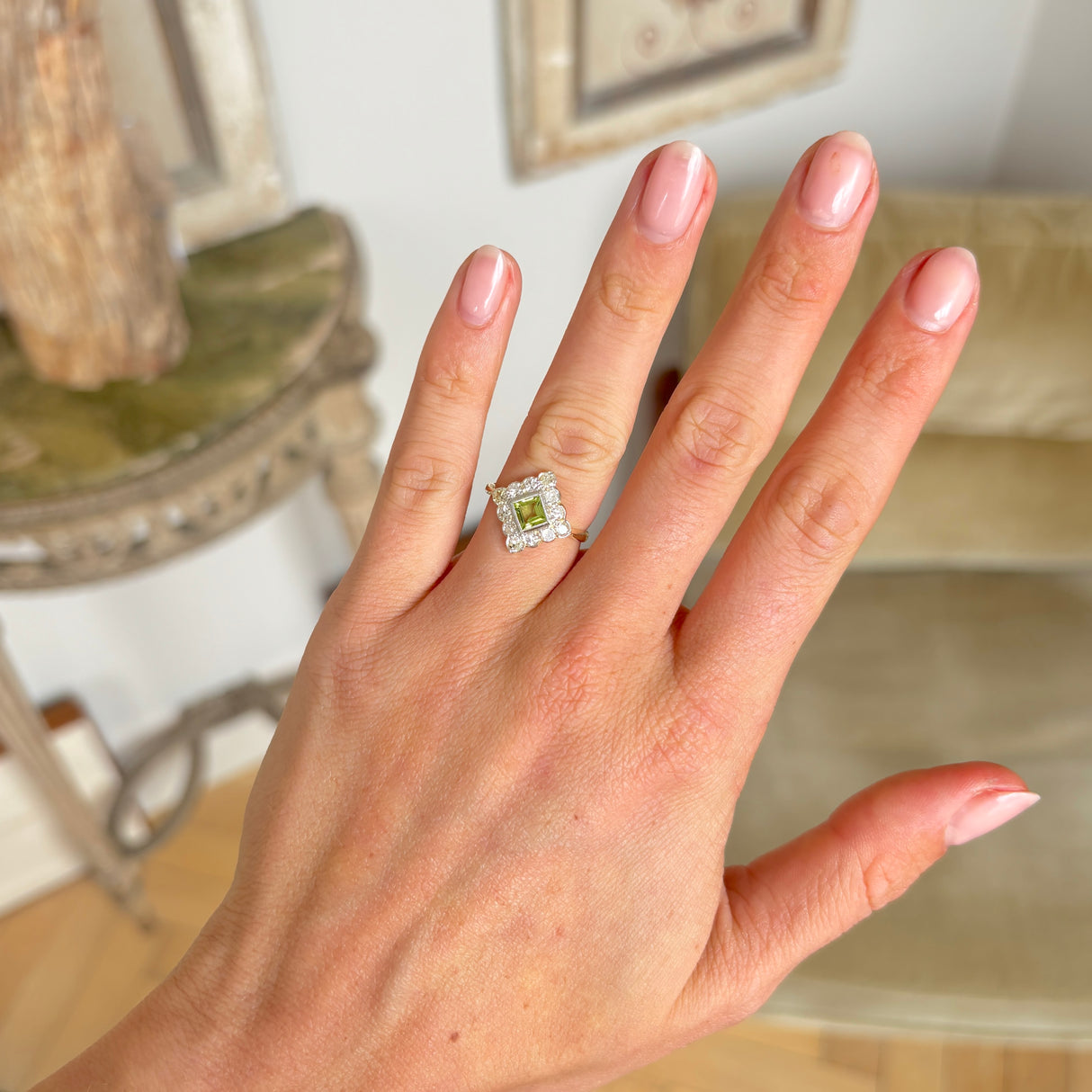 Antique, Edwardian peridot & diamond kite shaped ring