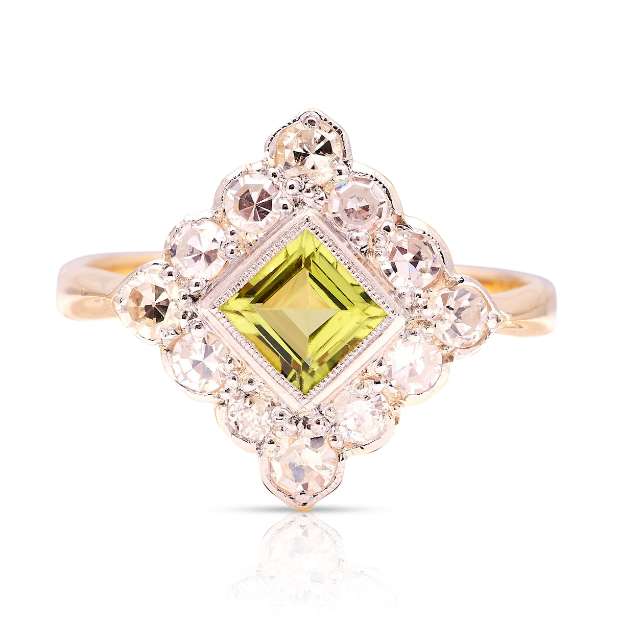Antique, Edwardian peridot & diamond kite shaped ring