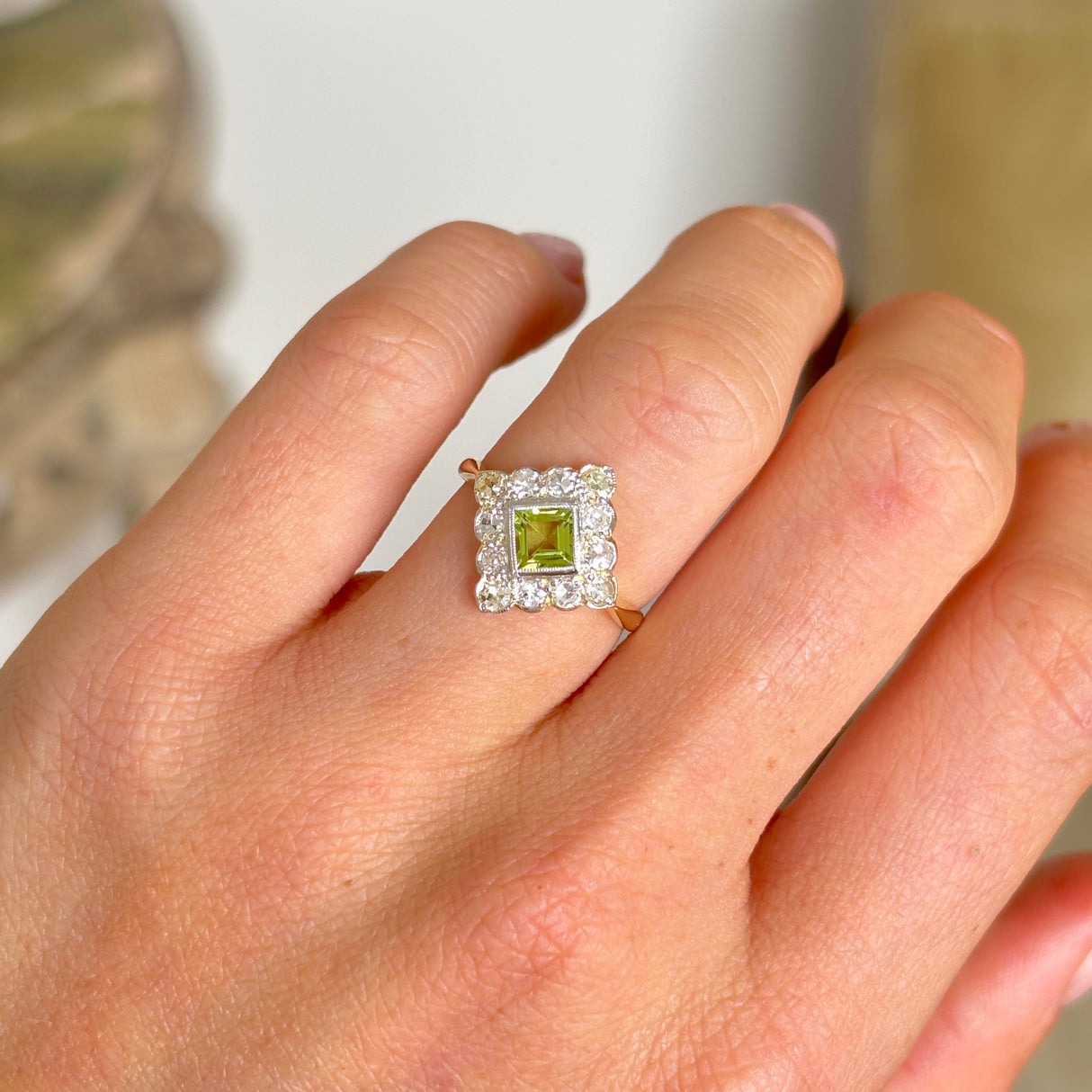 Antique, Edwardian peridot & diamond kite shaped ring