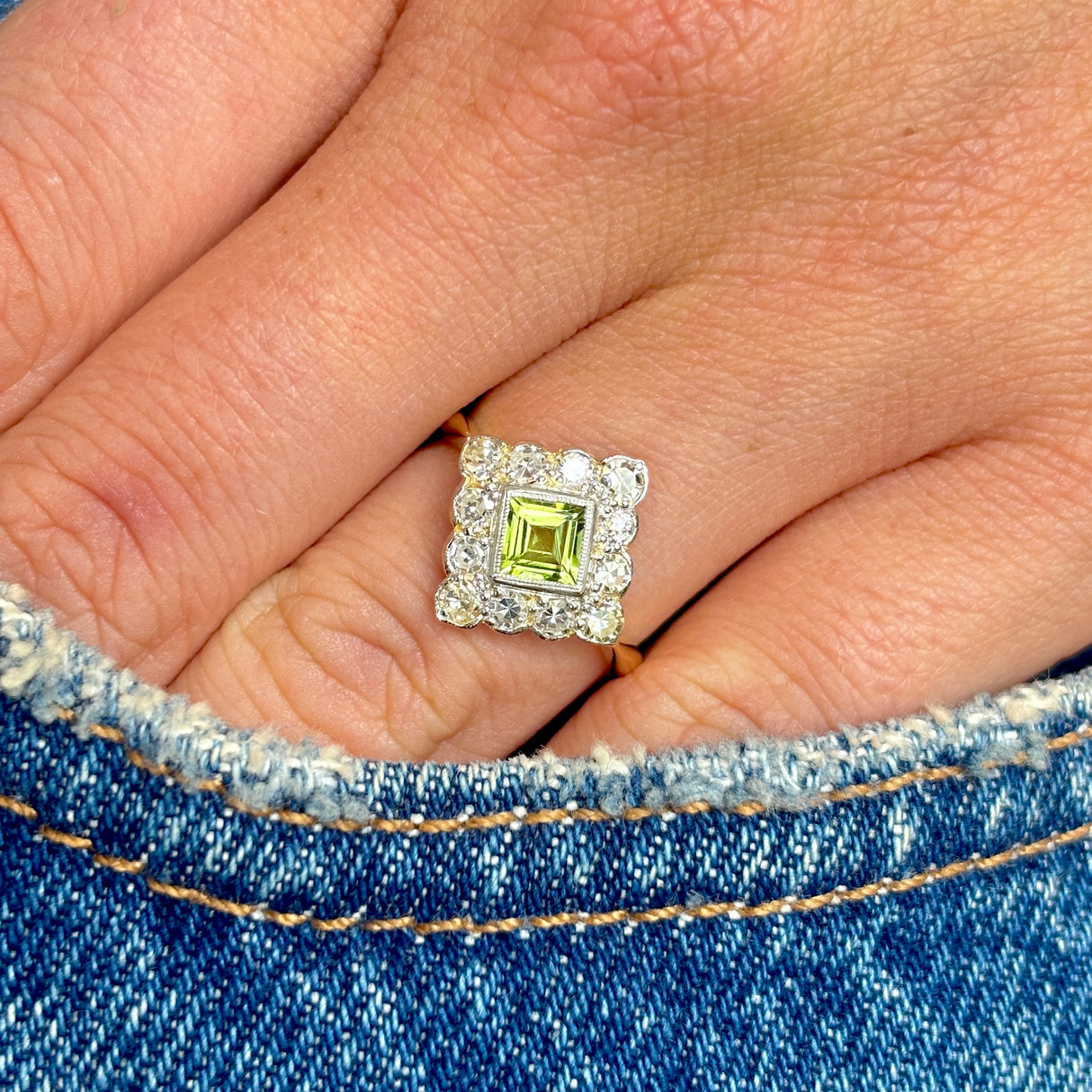 Antique, Edwardian peridot & diamond kite shaped ring
