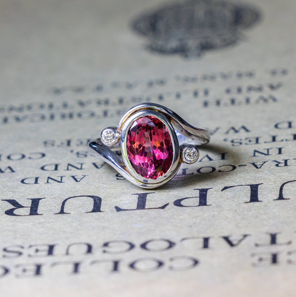 Vintage, pink tourmaline and diamond ring front