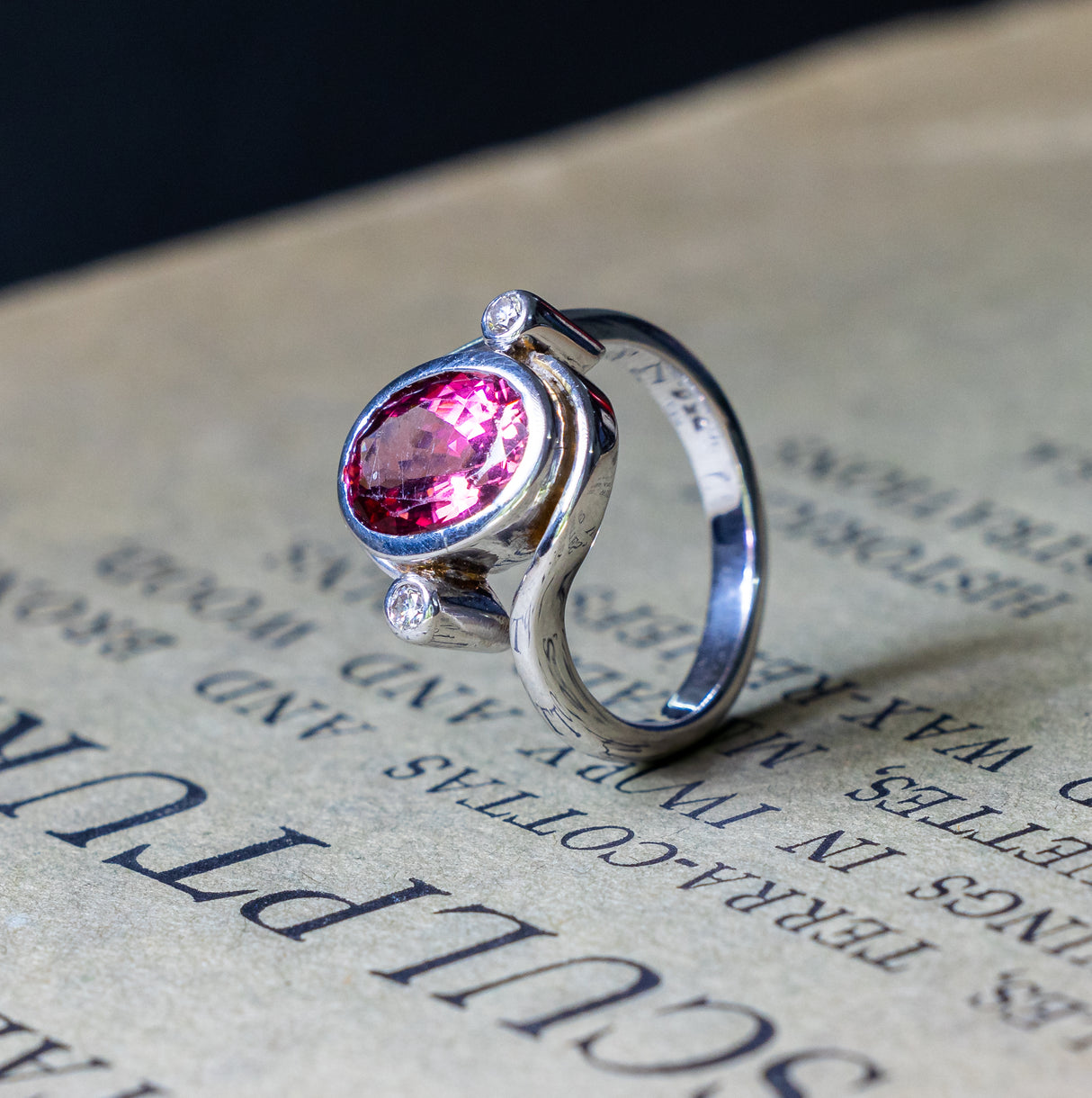 Vintage, pink tourmaline and diamond ring side