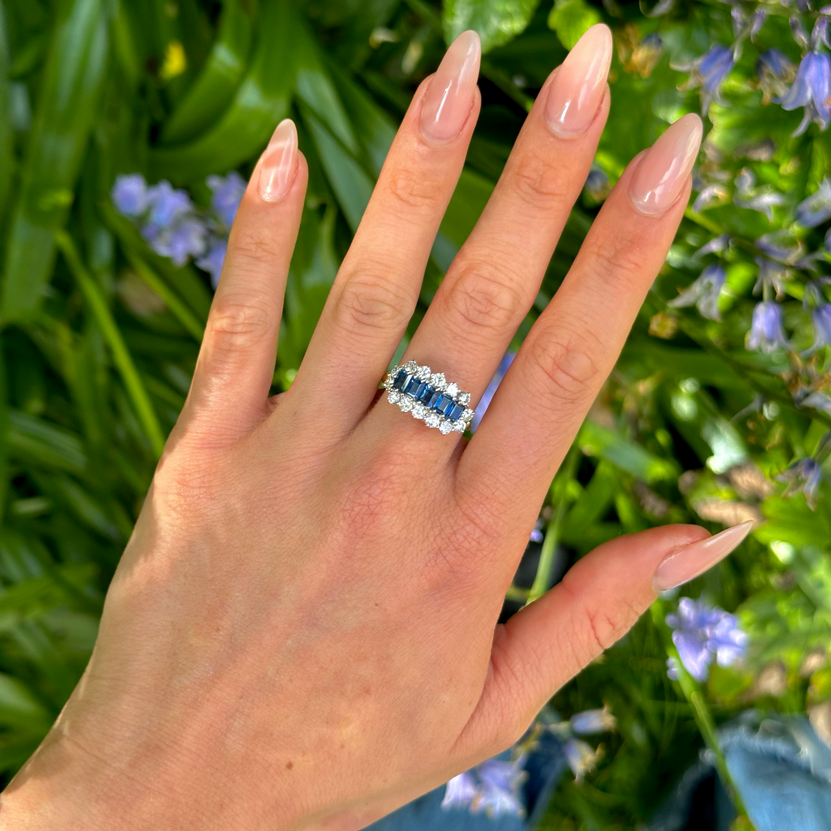 Vintage, 1950s Sapphire and Diamond Cocktail Ring, 18ct Yellow Gold and Platinum worn on hand.