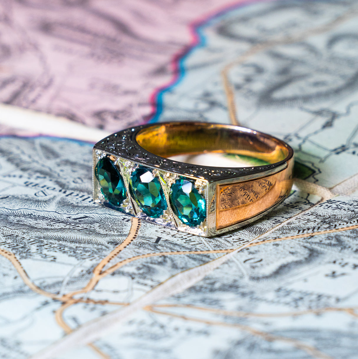 Vintage, 1950s three-stone indicolite tourmaline ring side