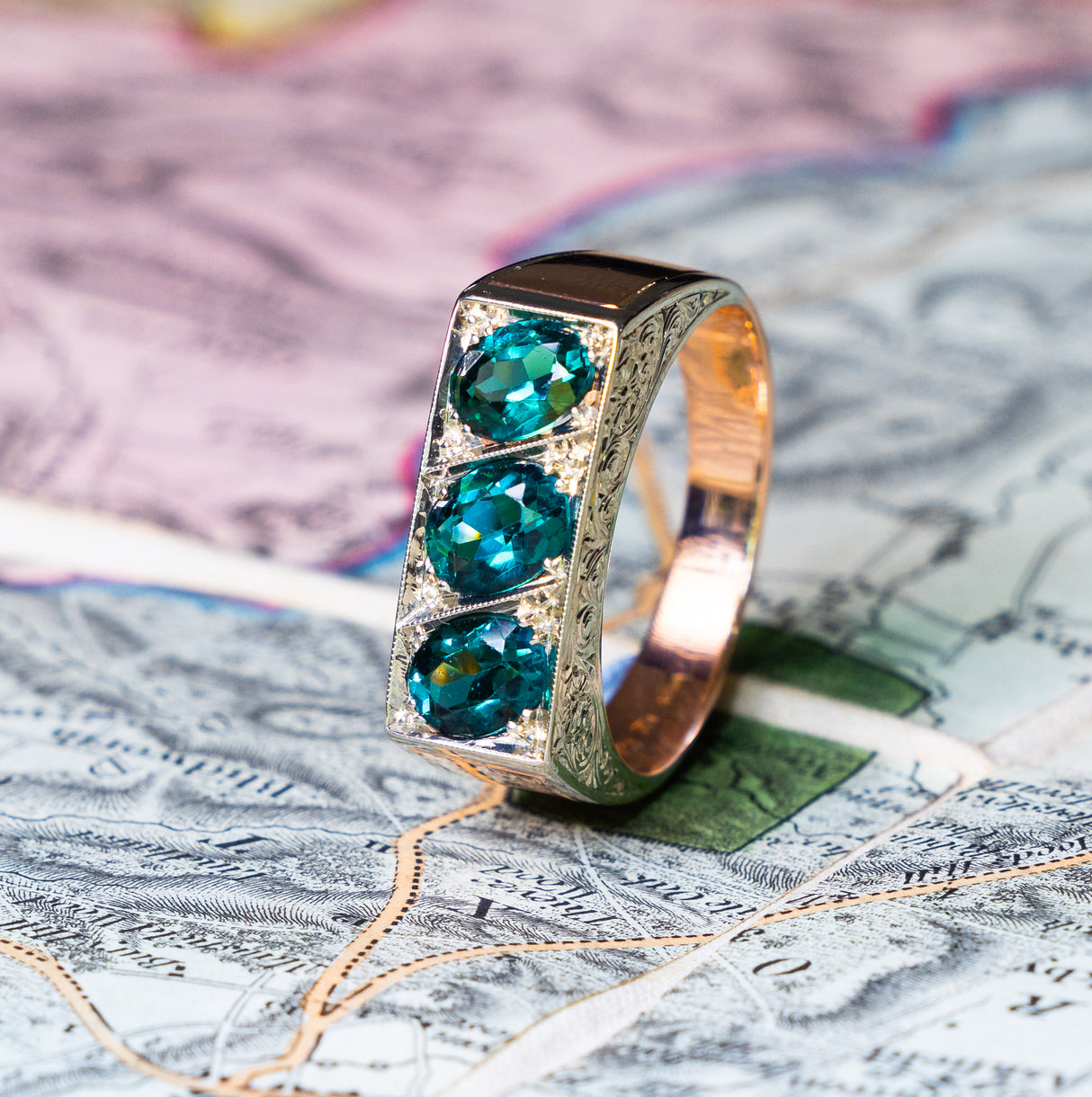 Vintage, 1950s three-stone indicolite tourmaline ring front