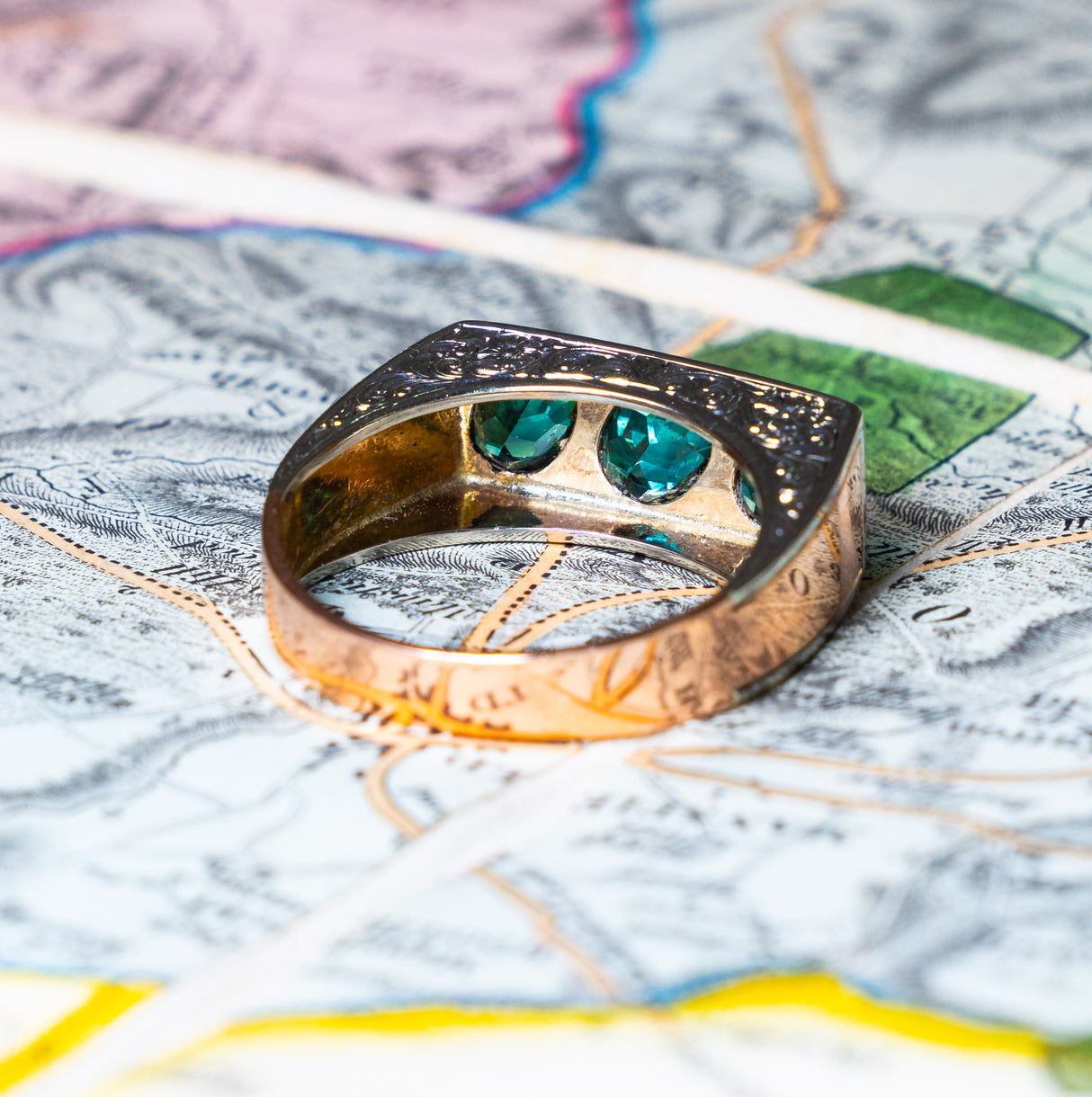 Vintage, 1950s three-stone indicolite tourmaline ring back