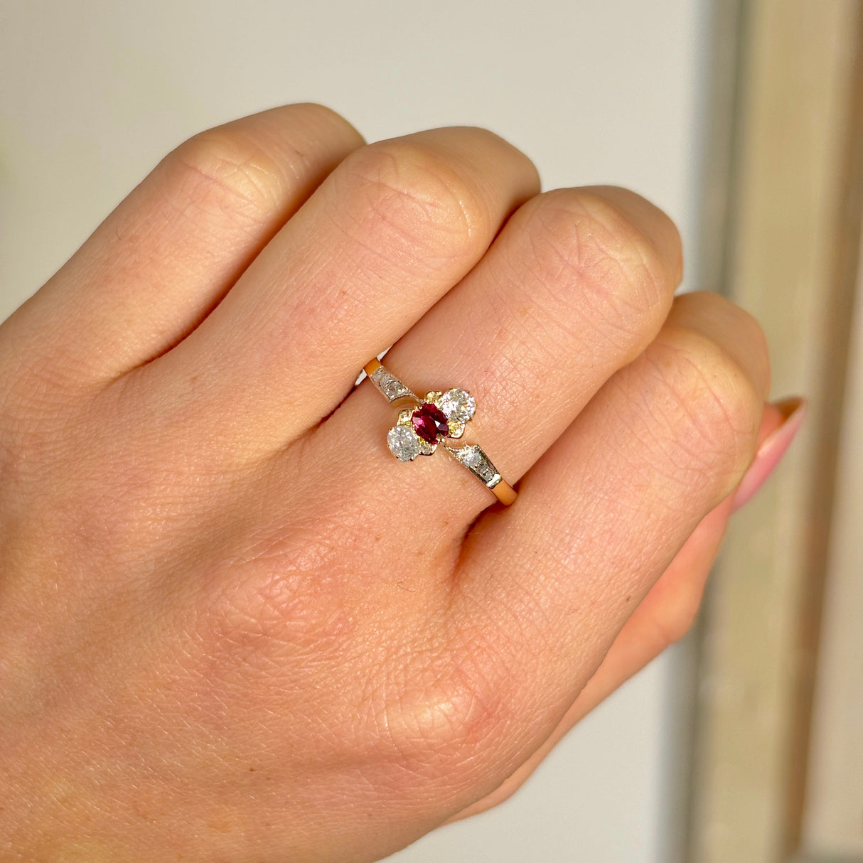 Antique, Edwardian three-stone ruby and diamond ring
