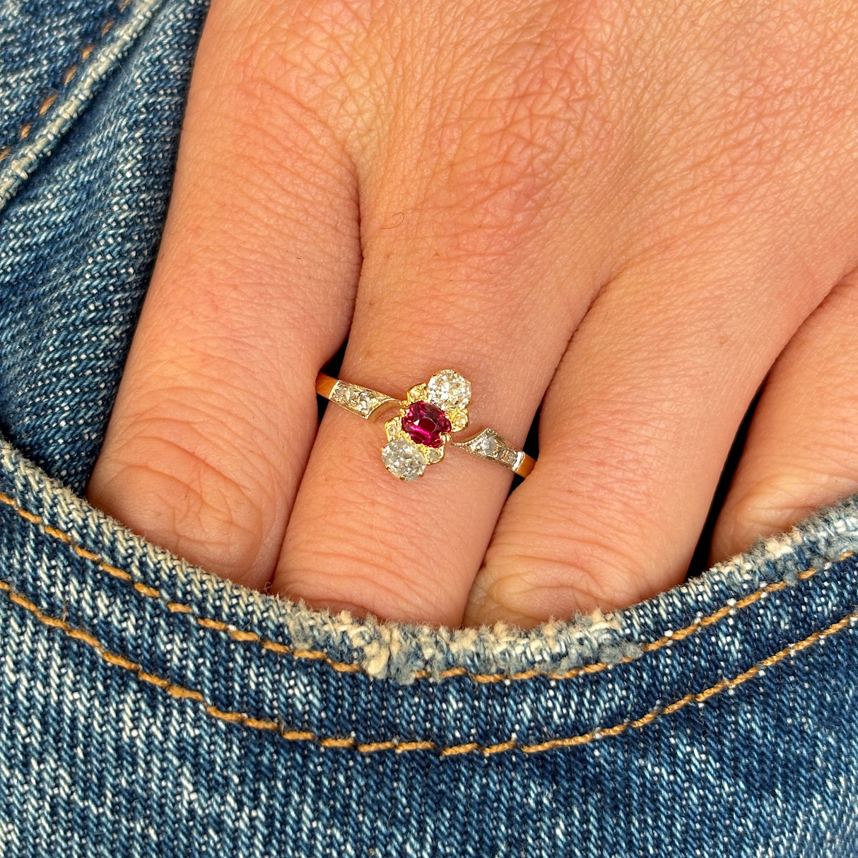Antique, Edwardian three-stone ruby and diamond ring