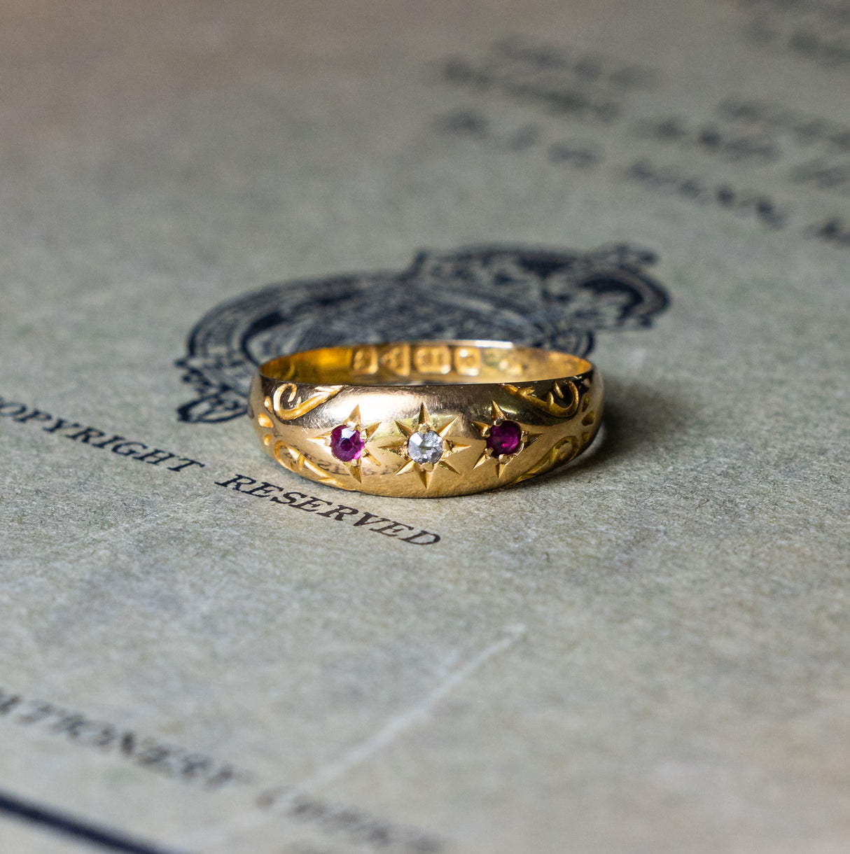 Antique, Edwardian ruby and diamond gypsy ring front