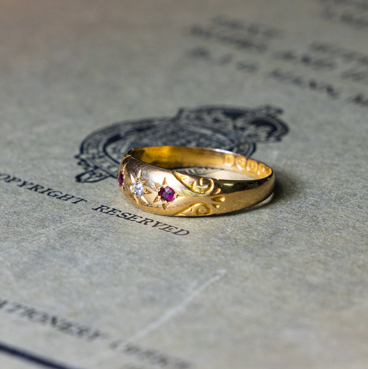 Antique, Edwardian ruby and diamond gypsy ring side