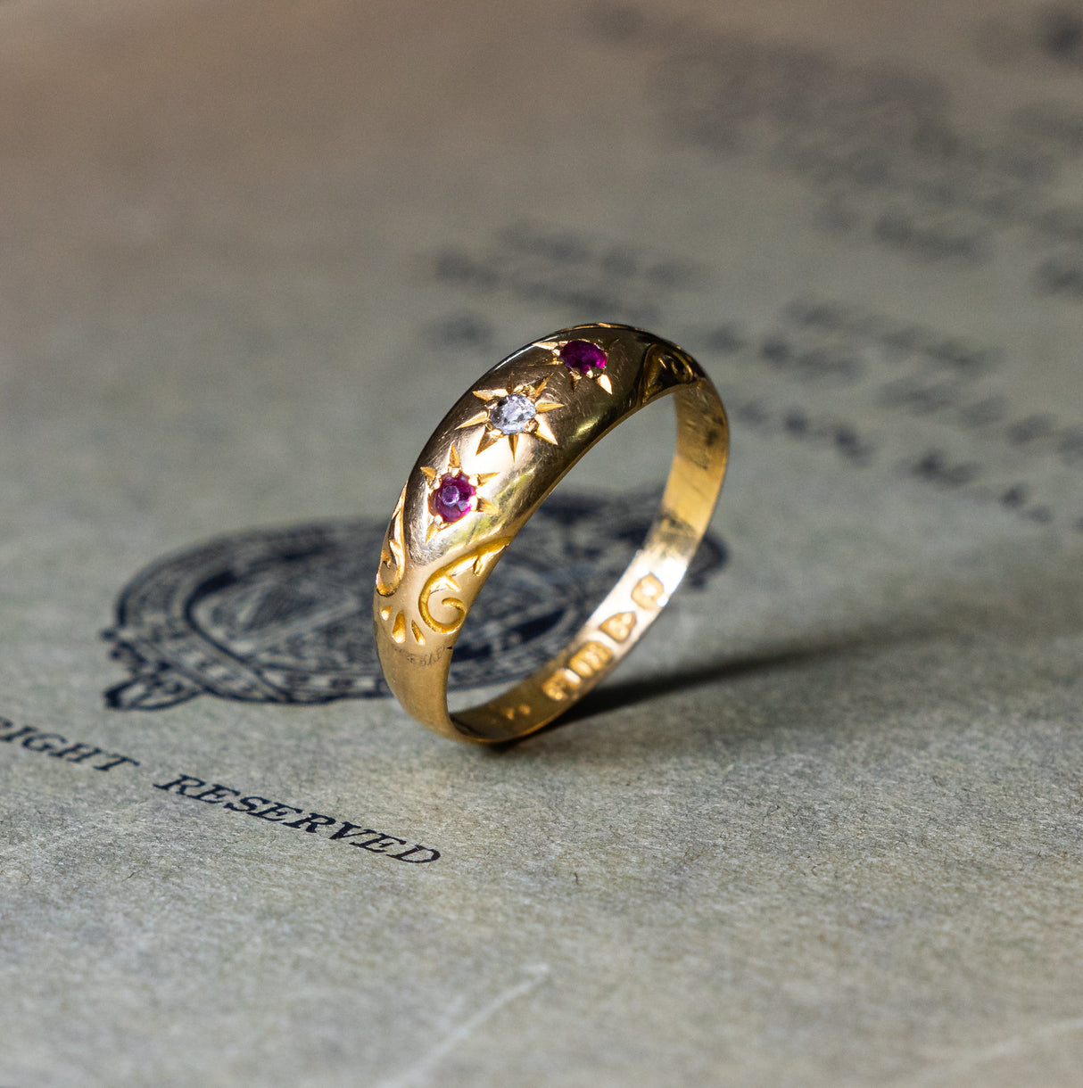 Antique, Edwardian ruby and diamond gypsy ring side