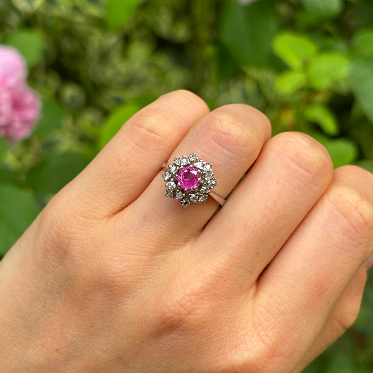 Vintage, pink sapphire and diamond cluster ring, 14ct white gold
