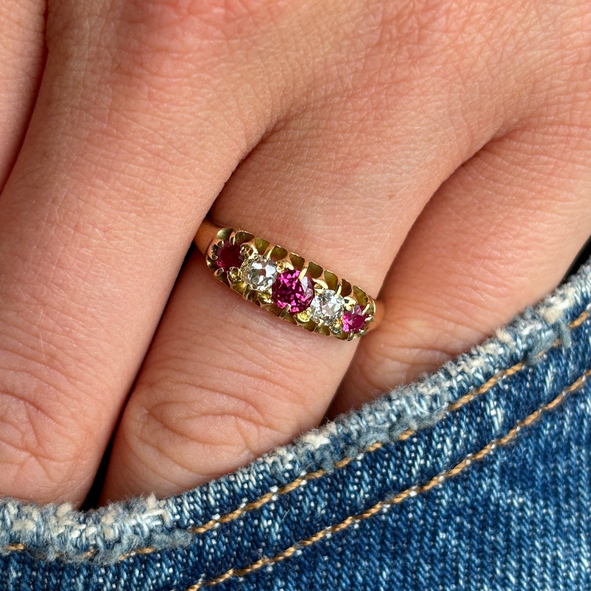 1789-Antique, Edwardian ruby and diamond five-stone ring
