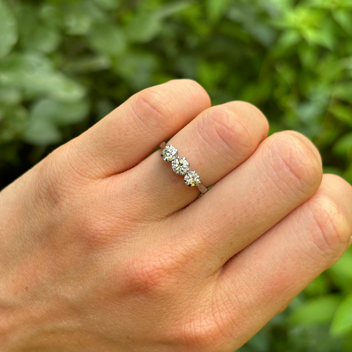 Vintage, 1980s three-stone diamond ring, platinum