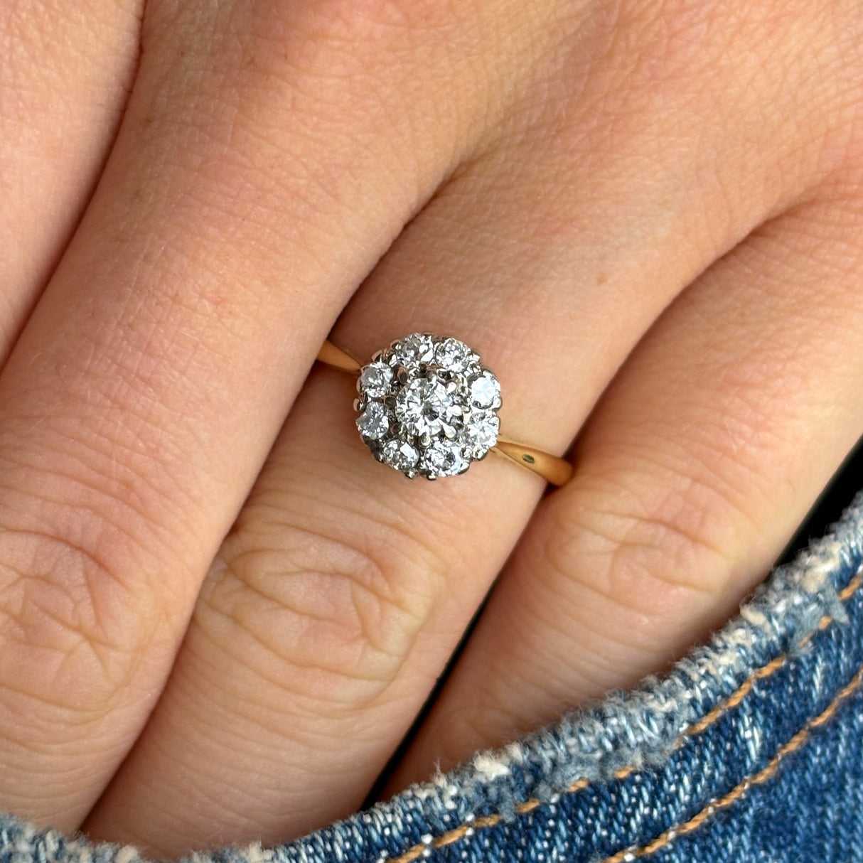 Antique, Edwardian diamond cluster ring worn on hand