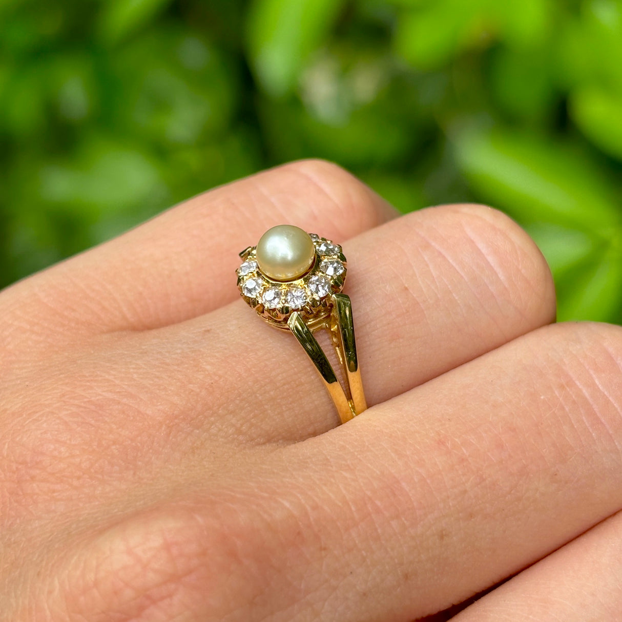 Vintage, 1980s pearl & diamond cluster ring worn on hand