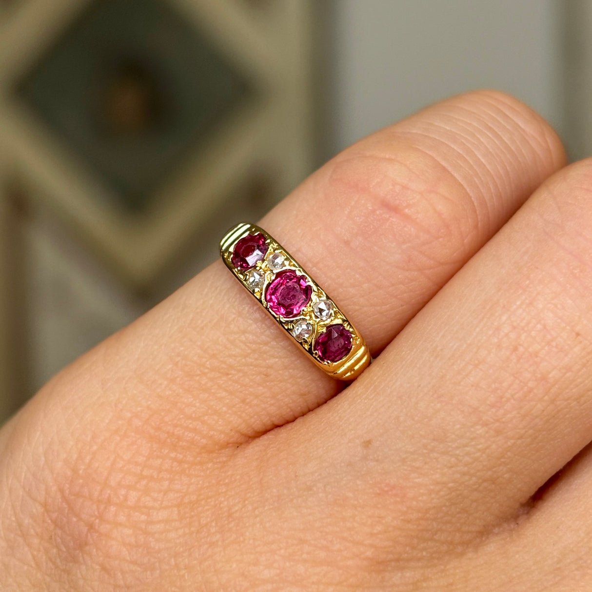 Antique, Edwardian ruby & diamond three-stone ring