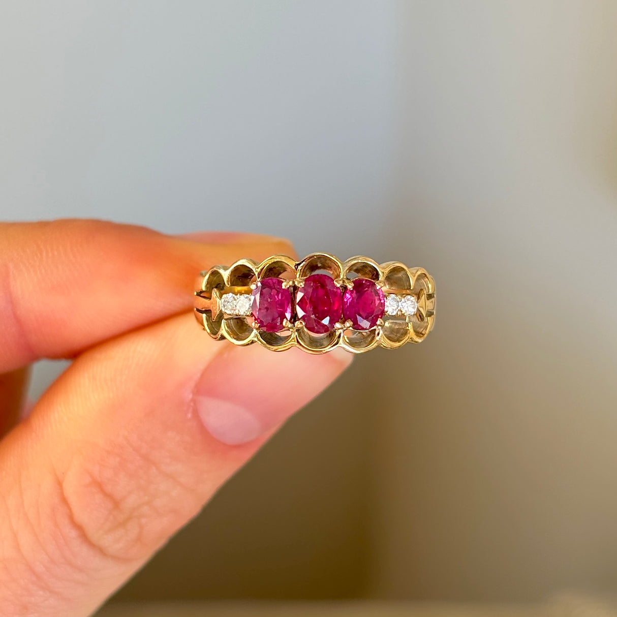 Vintage, 1990s ruby and diamond three-stone ring